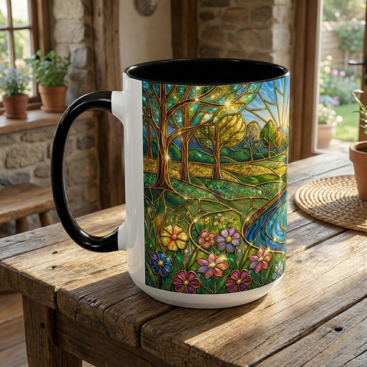 Stained Glass Mug, River Landscape Coffee Cup, Nature Lover Gift, Floral Tea Mug, Gardener Present, Art Teacher Gift, Colorful Scenery Cup