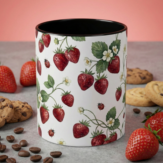 Strawberry Mug, Cottagecore Decor, Ladybug Coffee Cup, Botanical Tea Mug, Summer Kitchen, Gardener Gift, Cute Fruit Pattern, Watercolor Art