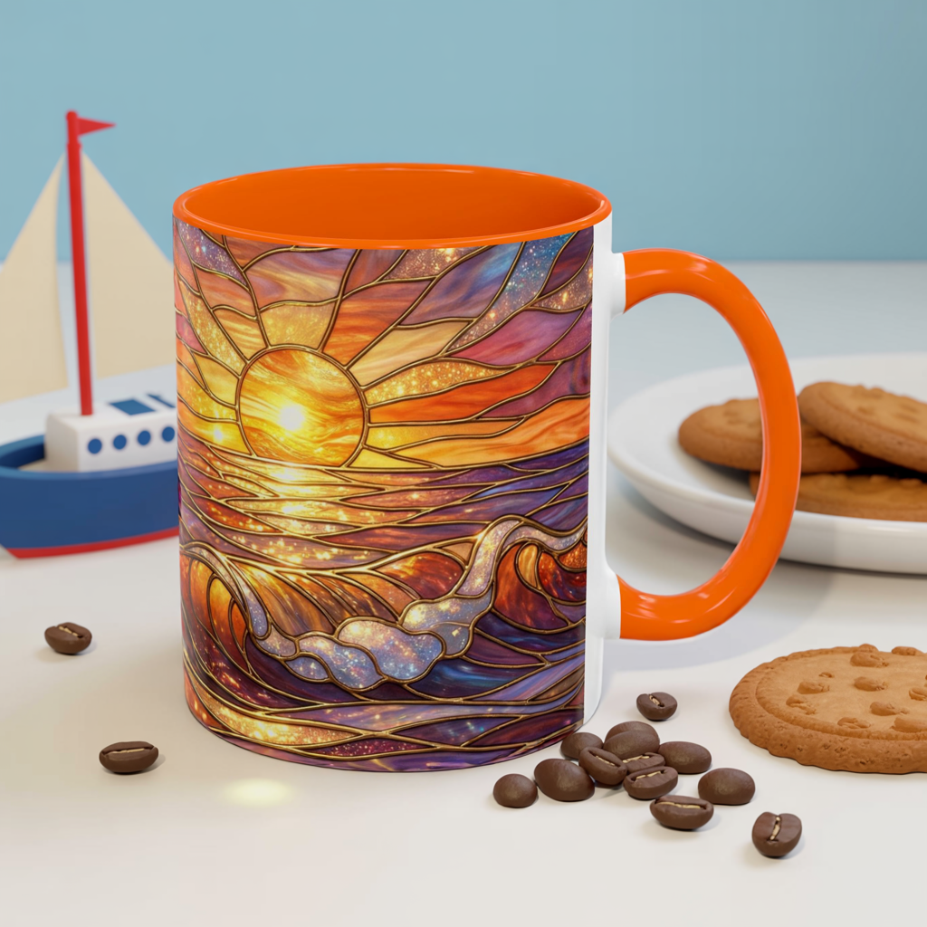 Stained Glass Wave Mug, Ocean Sunset Coffee Cup, Vibrant Beach Art, Sea Lover Gift, Mosaic Tea Cup, Summer Kitchen Decor, Nature Drinkware