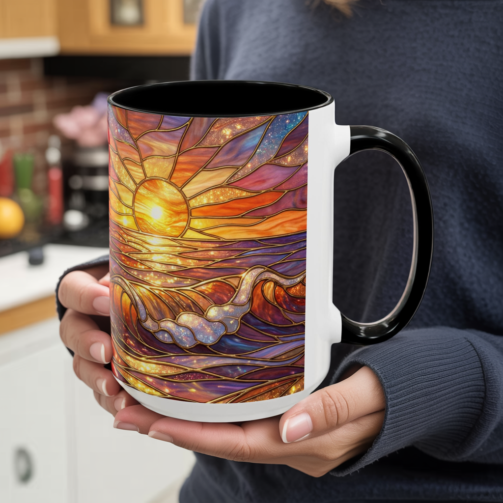Stained Glass Wave Mug, Ocean Sunset Coffee Cup, Vibrant Beach Art, Sea Lover Gift, Mosaic Tea Cup, Summer Kitchen Decor, Nature Drinkware