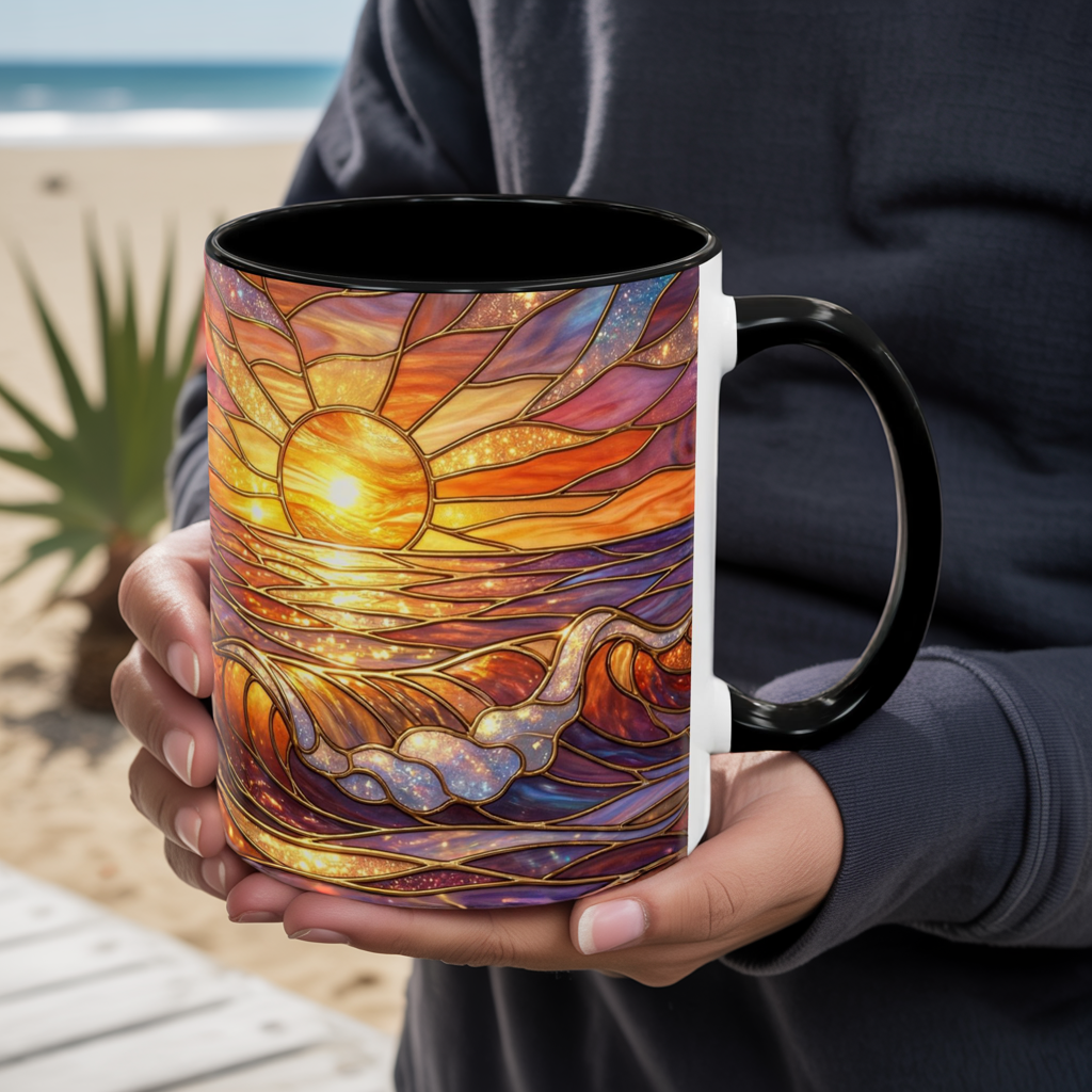 Stained Glass Wave Mug, Ocean Sunset Coffee Cup, Vibrant Beach Art, Sea Lover Gift, Mosaic Tea Cup, Summer Kitchen Decor, Nature Drinkware