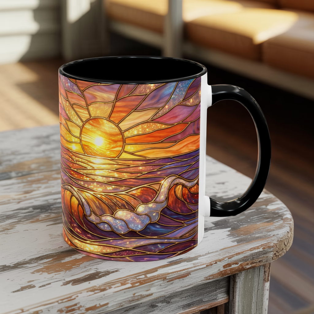 Stained Glass Wave Mug, Ocean Sunset Coffee Cup, Vibrant Beach Art, Sea Lover Gift, Mosaic Tea Cup, Summer Kitchen Decor, Nature Drinkware