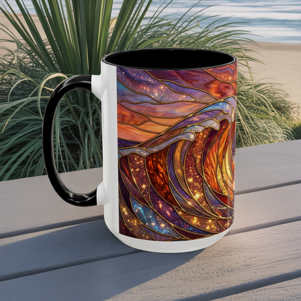 Stained Glass Wave Mug, Ocean Sunset Coffee Cup, Vibrant Beach Art, Sea Lover Gift, Mosaic Tea Cup, Summer Kitchen Decor, Nature Drinkware