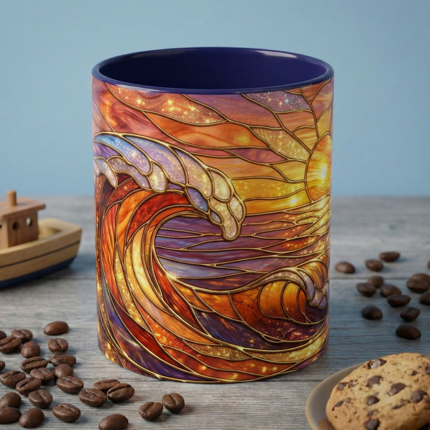Stained Glass Wave Mug, Ocean Sunset Coffee Cup, Vibrant Beach Art, Sea Lover Gift, Mosaic Tea Cup, Summer Kitchen Decor, Nature Drinkware