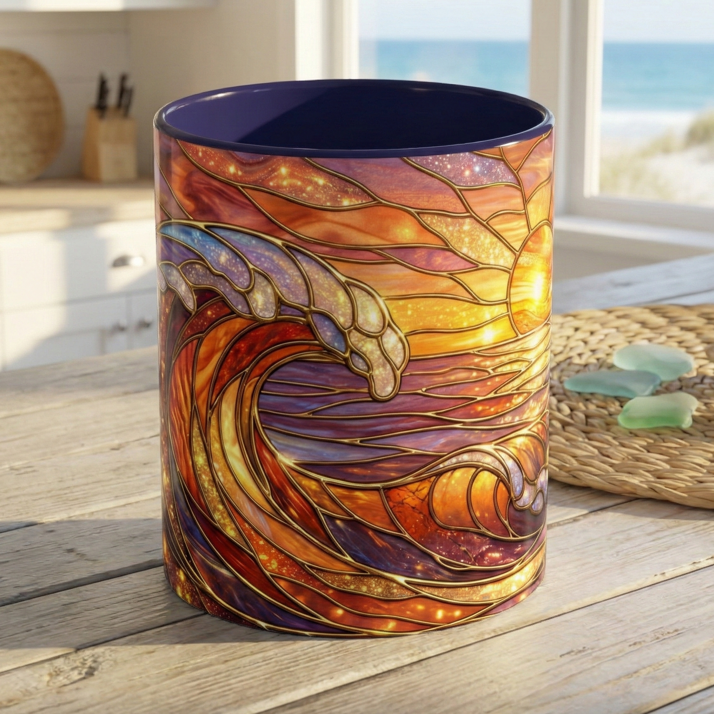 Stained Glass Wave Mug, Ocean Sunset Coffee Cup, Vibrant Beach Art, Sea Lover Gift, Mosaic Tea Cup, Summer Kitchen Decor, Nature Drinkware