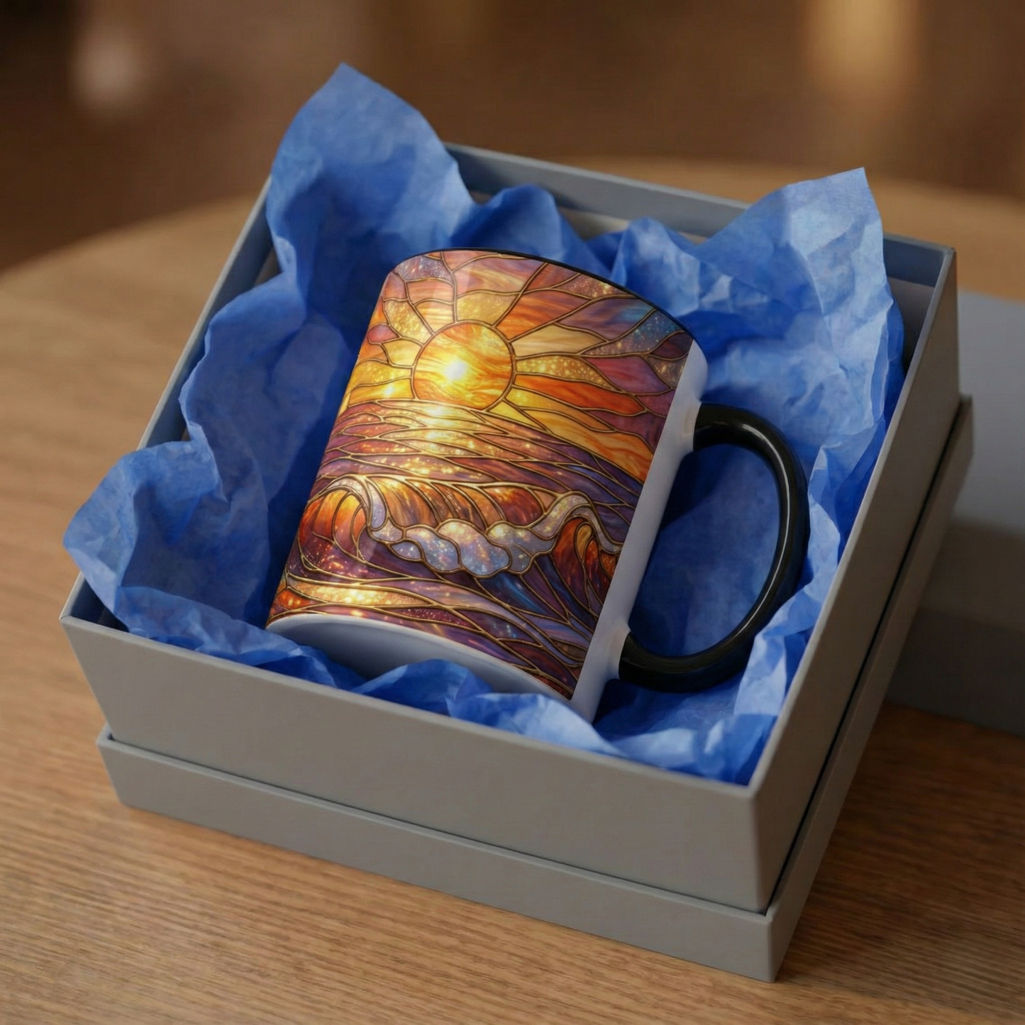 Stained Glass Wave Mug, Ocean Sunset Coffee Cup, Vibrant Beach Art, Sea Lover Gift, Mosaic Tea Cup, Summer Kitchen Decor, Nature Drinkware