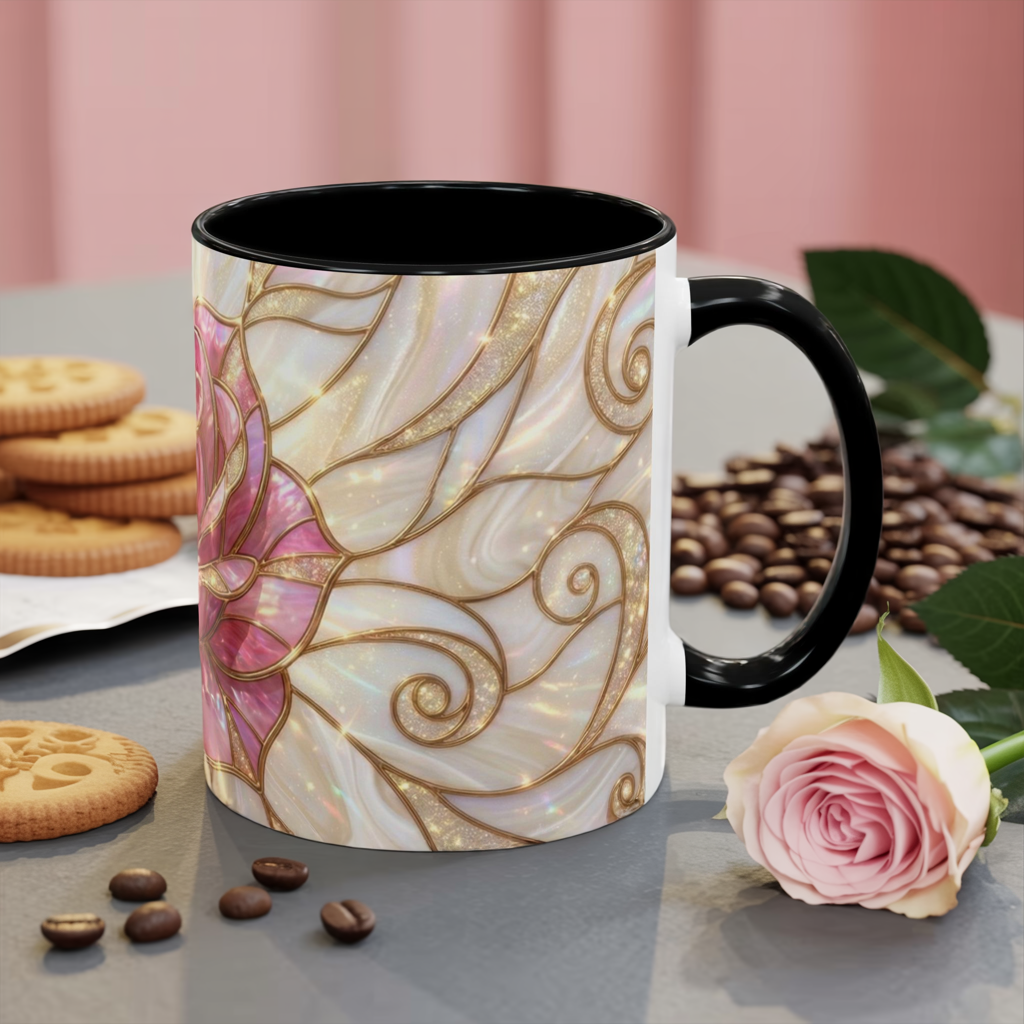 Pink Rose Stained Glass Mug, Gold Floral Coffee Cup, Romantic Flower Tea Cup, Gardener Gift For Mom, Botanical Art, Wife Birthday Gift