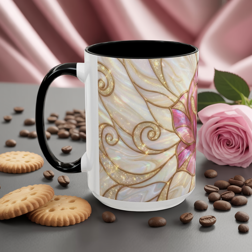 Pink Rose Stained Glass Mug, Gold Floral Coffee Cup, Romantic Flower Tea Cup, Gardener Gift For Mom, Botanical Art, Wife Birthday Gift