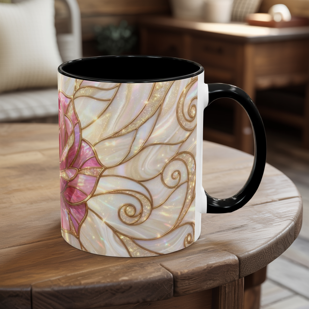 Pink Rose Stained Glass Mug, Gold Floral Coffee Cup, Romantic Flower Tea Cup, Gardener Gift For Mom, Botanical Art, Wife Birthday Gift