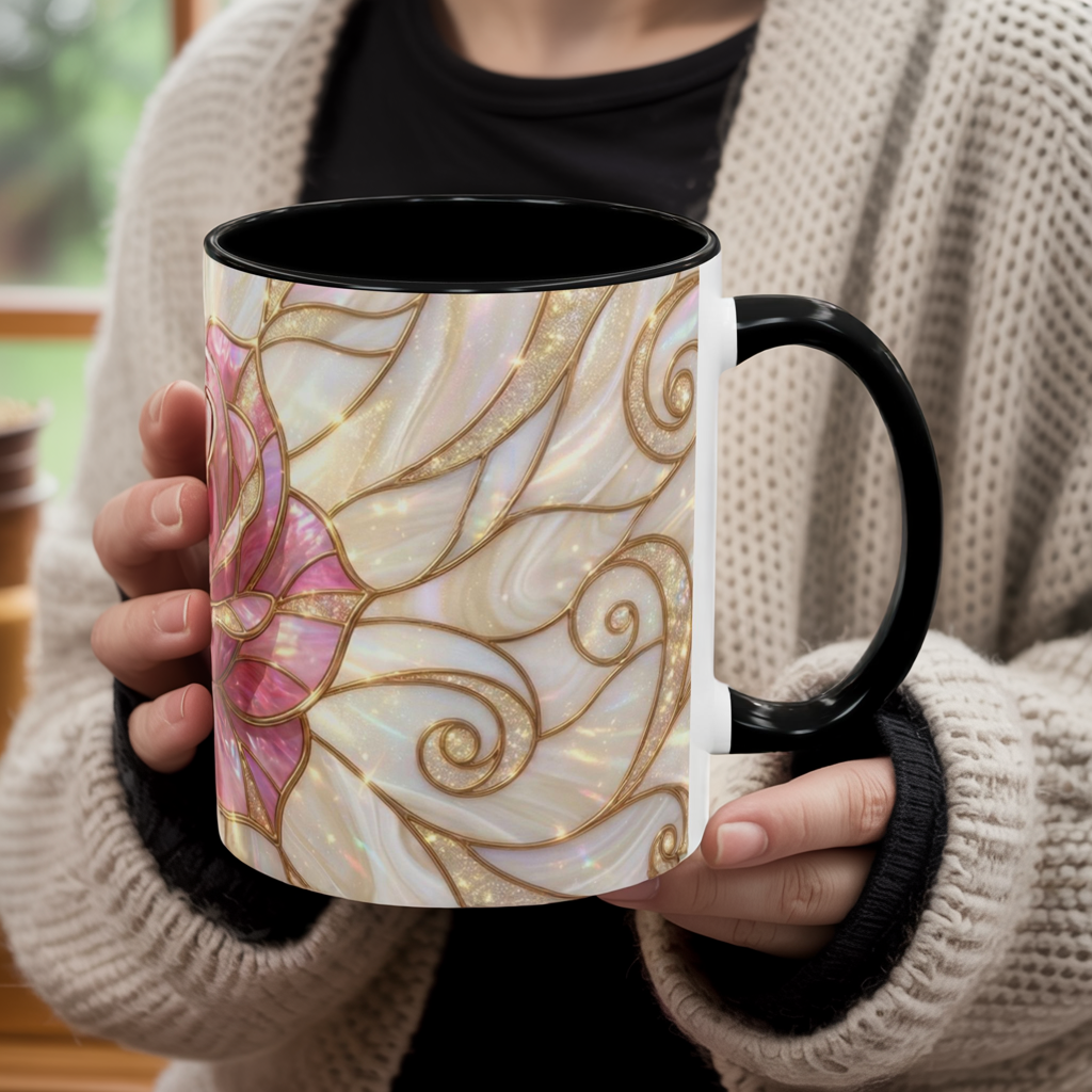 Pink Rose Stained Glass Mug, Gold Floral Coffee Cup, Romantic Flower Tea Cup, Gardener Gift For Mom, Botanical Art, Wife Birthday Gift
