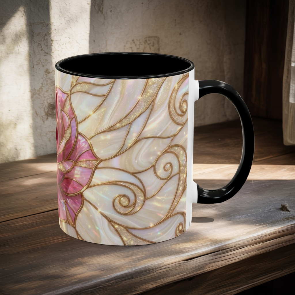 Pink Rose Stained Glass Mug, Gold Floral Coffee Cup, Romantic Flower Tea Cup, Gardener Gift For Mom, Botanical Art, Wife Birthday Gift