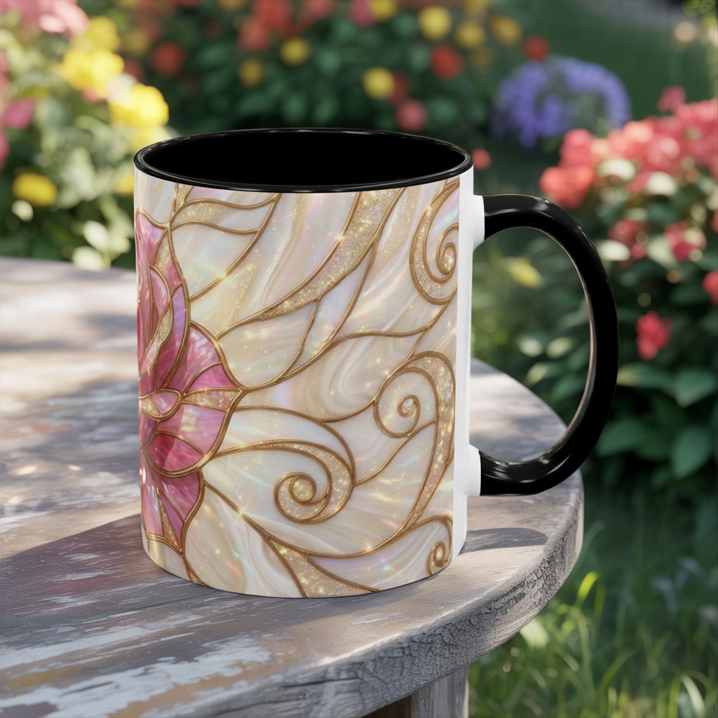 Pink Rose Stained Glass Mug, Gold Floral Coffee Cup, Romantic Flower Tea Cup, Gardener Gift For Mom, Botanical Art, Wife Birthday Gift