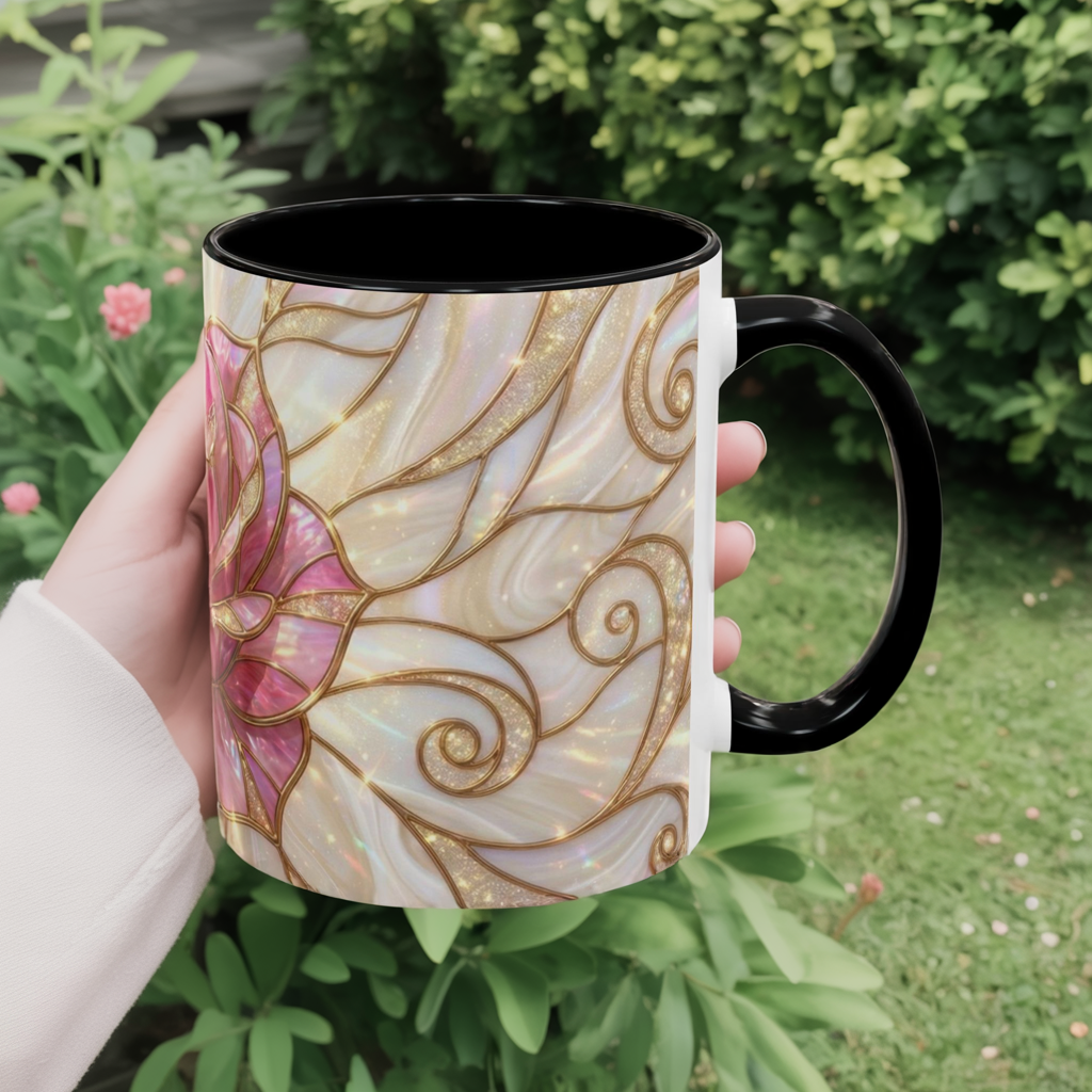 Pink Rose Stained Glass Mug, Gold Floral Coffee Cup, Romantic Flower Tea Cup, Gardener Gift For Mom, Botanical Art, Wife Birthday Gift