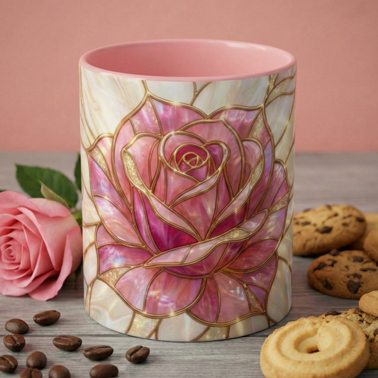 Pink Rose Stained Glass Mug, Gold Floral Coffee Cup, Romantic Flower Tea Cup, Gardener Gift For Mom, Botanical Art, Wife Birthday Gift