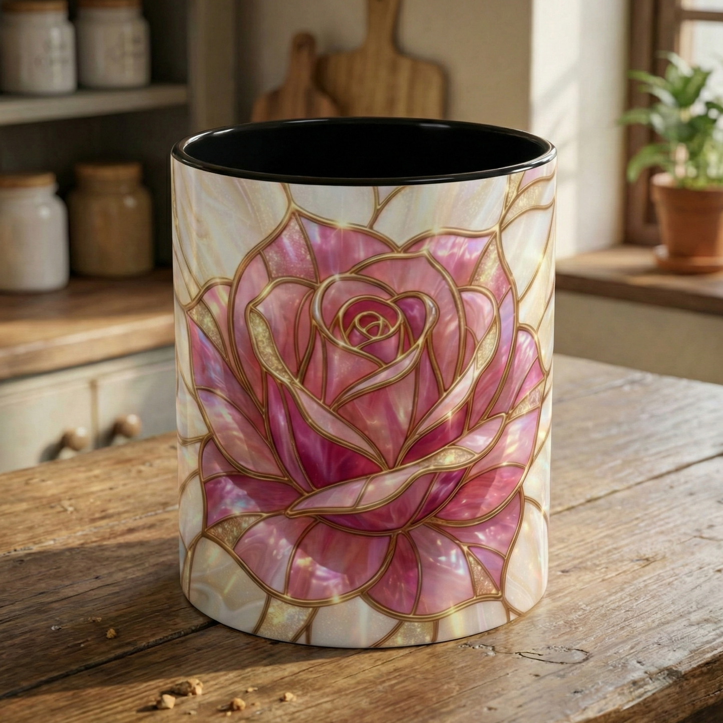 Pink Rose Stained Glass Mug, Gold Floral Coffee Cup, Romantic Flower Tea Cup, Gardener Gift For Mom, Botanical Art, Wife Birthday Gift