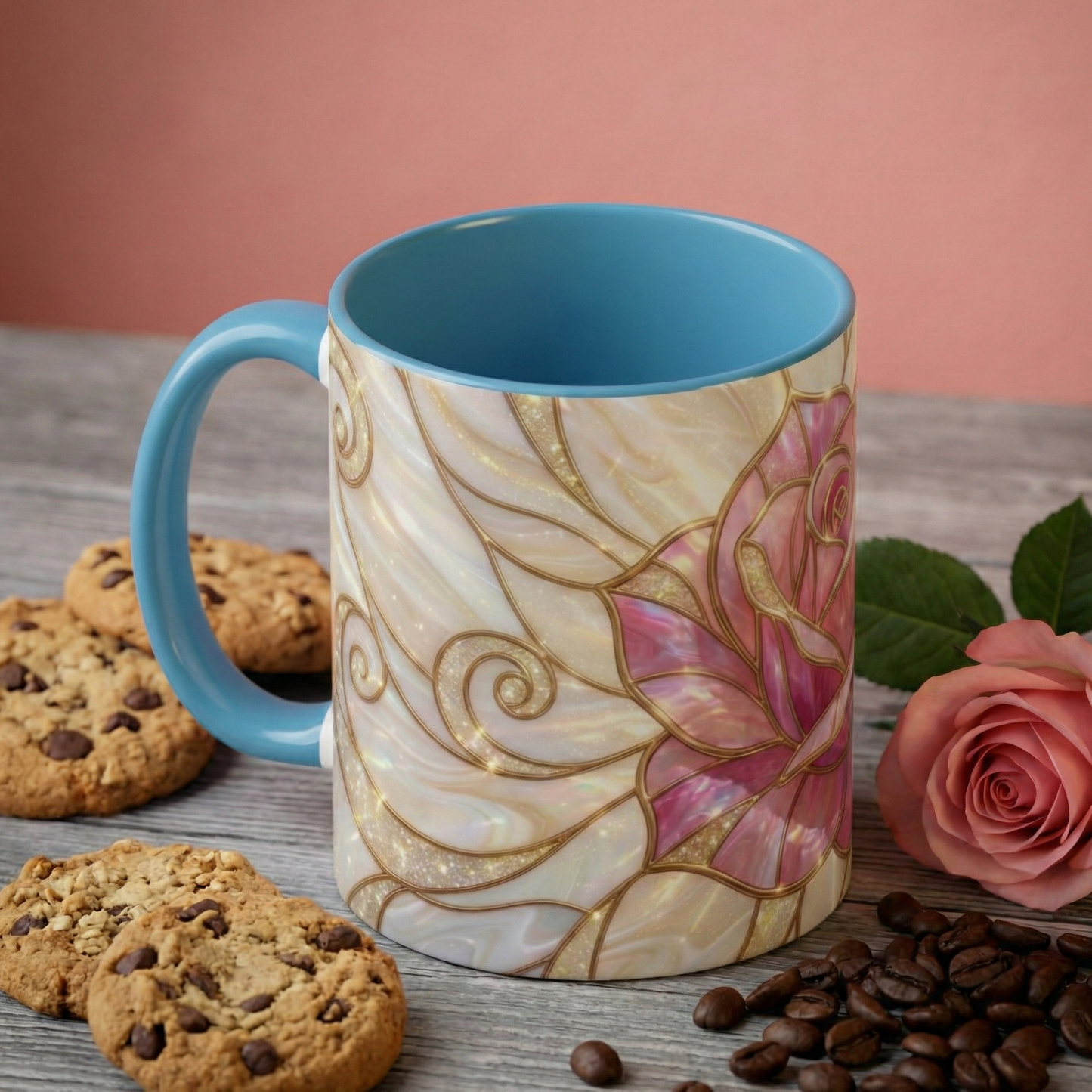 Pink Rose Stained Glass Mug, Gold Floral Coffee Cup, Romantic Flower Tea Cup, Gardener Gift For Mom, Botanical Art, Wife Birthday Gift