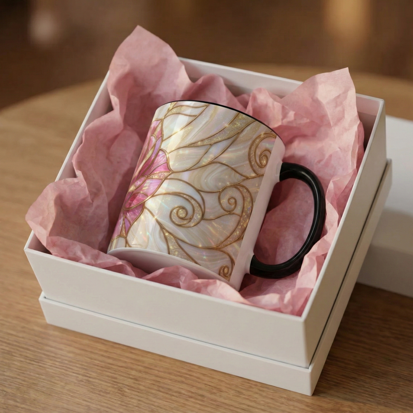Pink Rose Stained Glass Mug, Gold Floral Coffee Cup, Romantic Flower Tea Cup, Gardener Gift For Mom, Botanical Art, Wife Birthday Gift