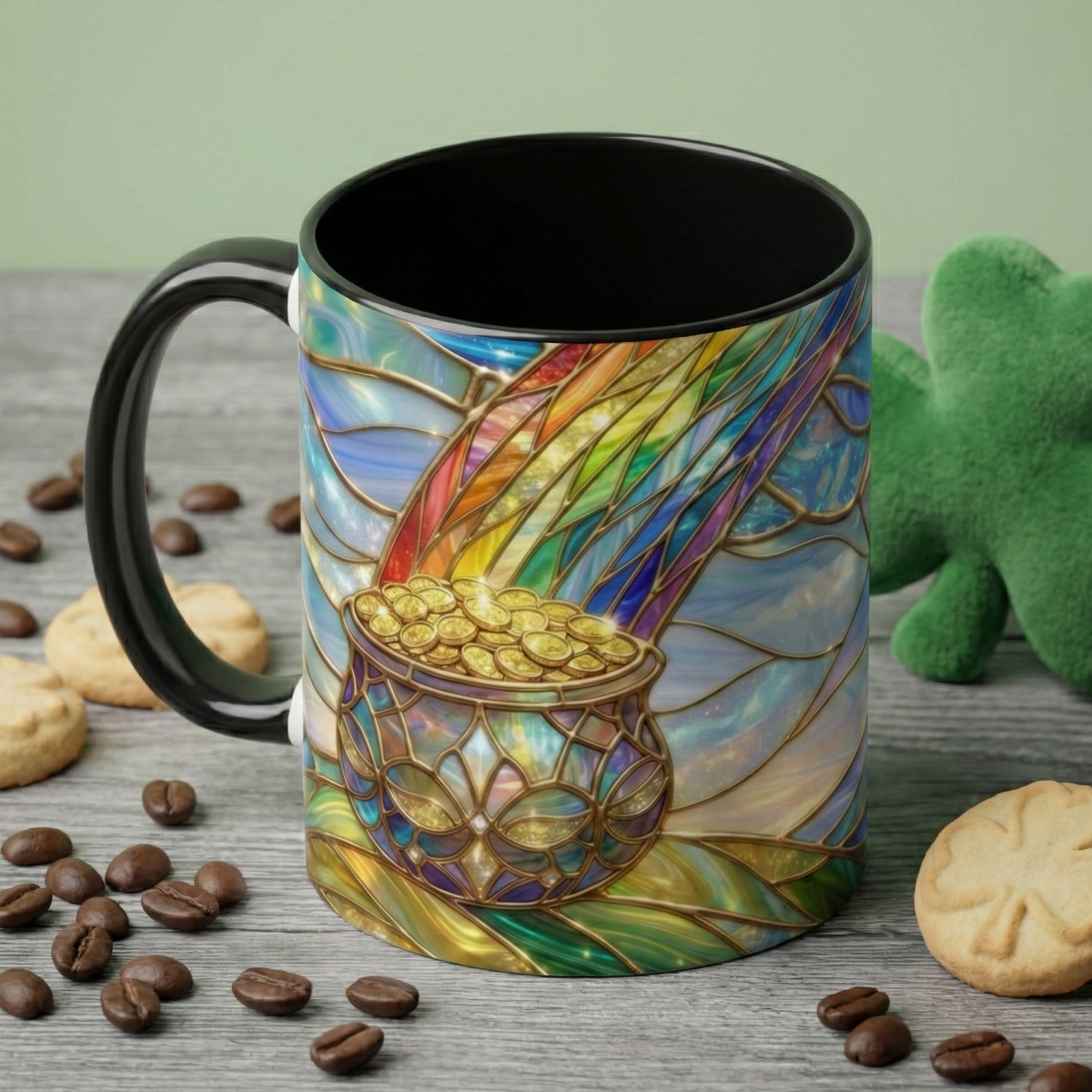 Stained Glass Rainbow Mug, Pot Of Gold Coffee Cup, St Patricks Day Gift, Magical Fantasy Tea Cup, Lucky Irish Leprechaun, Colorful Art