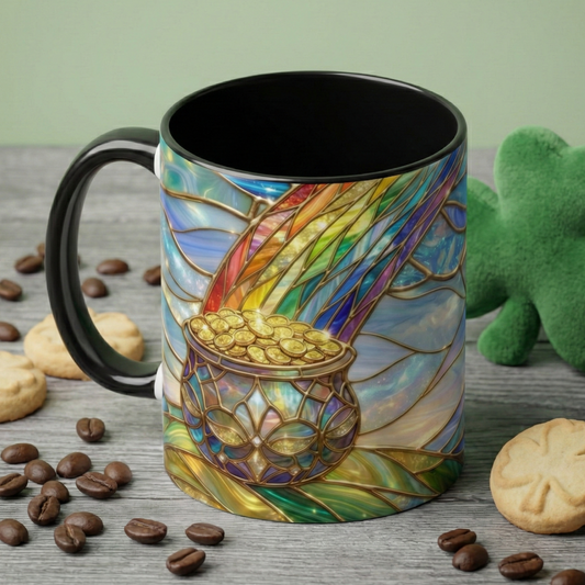 Stained Glass Rainbow Mug, Pot Of Gold Coffee Cup, St Patricks Day Gift, Magical Fantasy Tea Cup, Lucky Irish Leprechaun, Colorful Art
