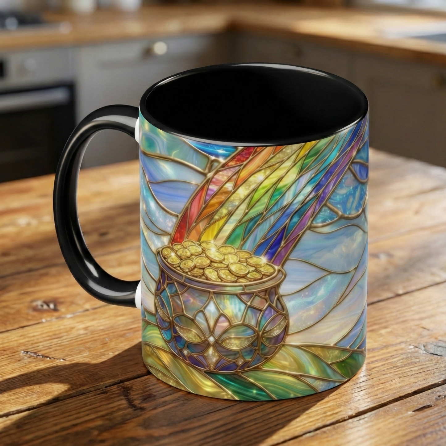Stained Glass Rainbow Mug, Pot Of Gold Coffee Cup, St Patricks Day Gift, Magical Fantasy Tea Cup, Lucky Irish Leprechaun, Colorful Art