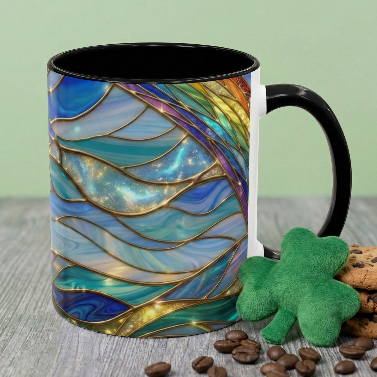 Stained Glass Rainbow Mug, Pot Of Gold Coffee Cup, St Patricks Day Gift, Magical Fantasy Tea Cup, Lucky Irish Leprechaun, Colorful Art
