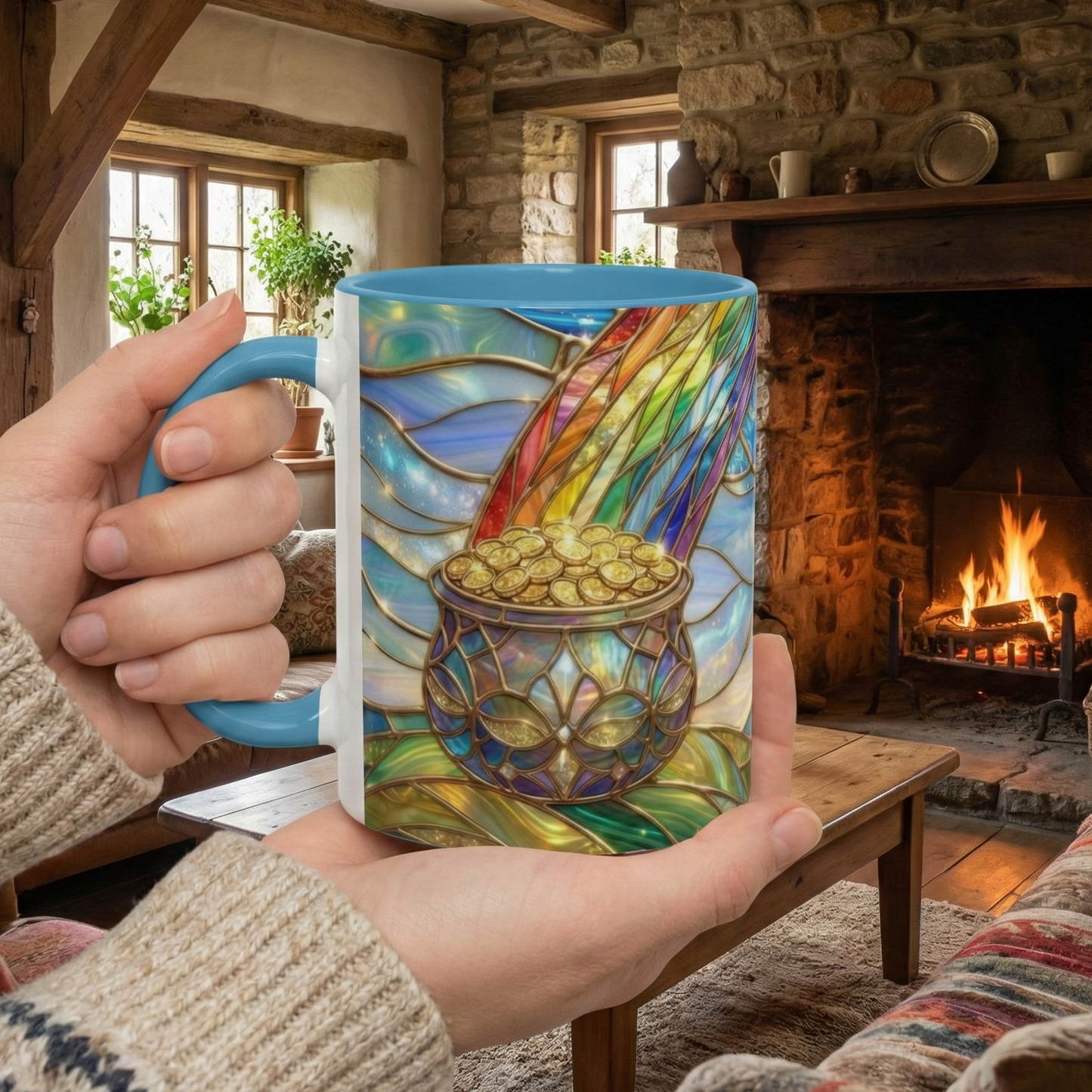 Stained Glass Rainbow Mug, Pot Of Gold Coffee Cup, St Patricks Day Gift, Magical Fantasy Tea Cup, Lucky Irish Leprechaun, Colorful Art