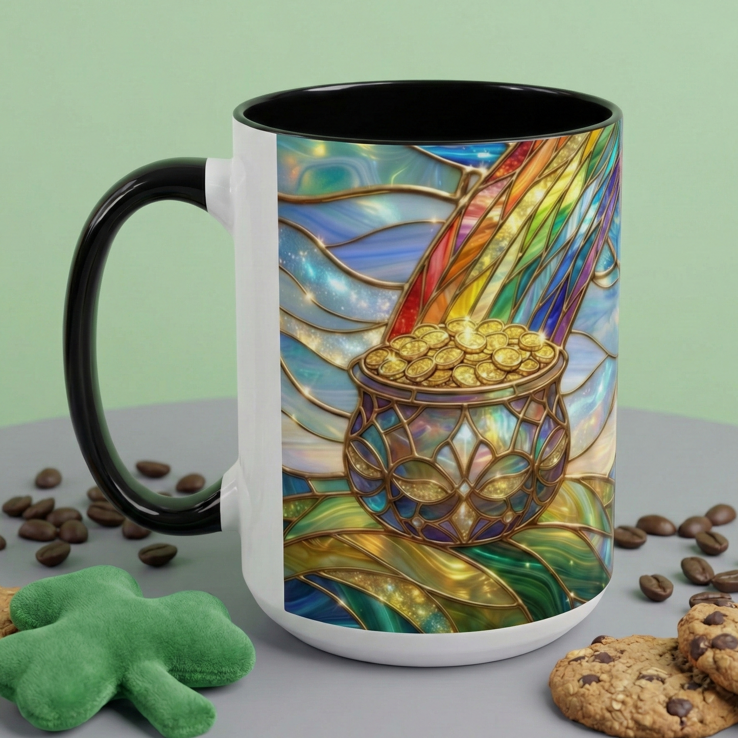 Stained Glass Rainbow Mug, Pot Of Gold Coffee Cup, St Patricks Day Gift, Magical Fantasy Tea Cup, Lucky Irish Leprechaun, Colorful Art