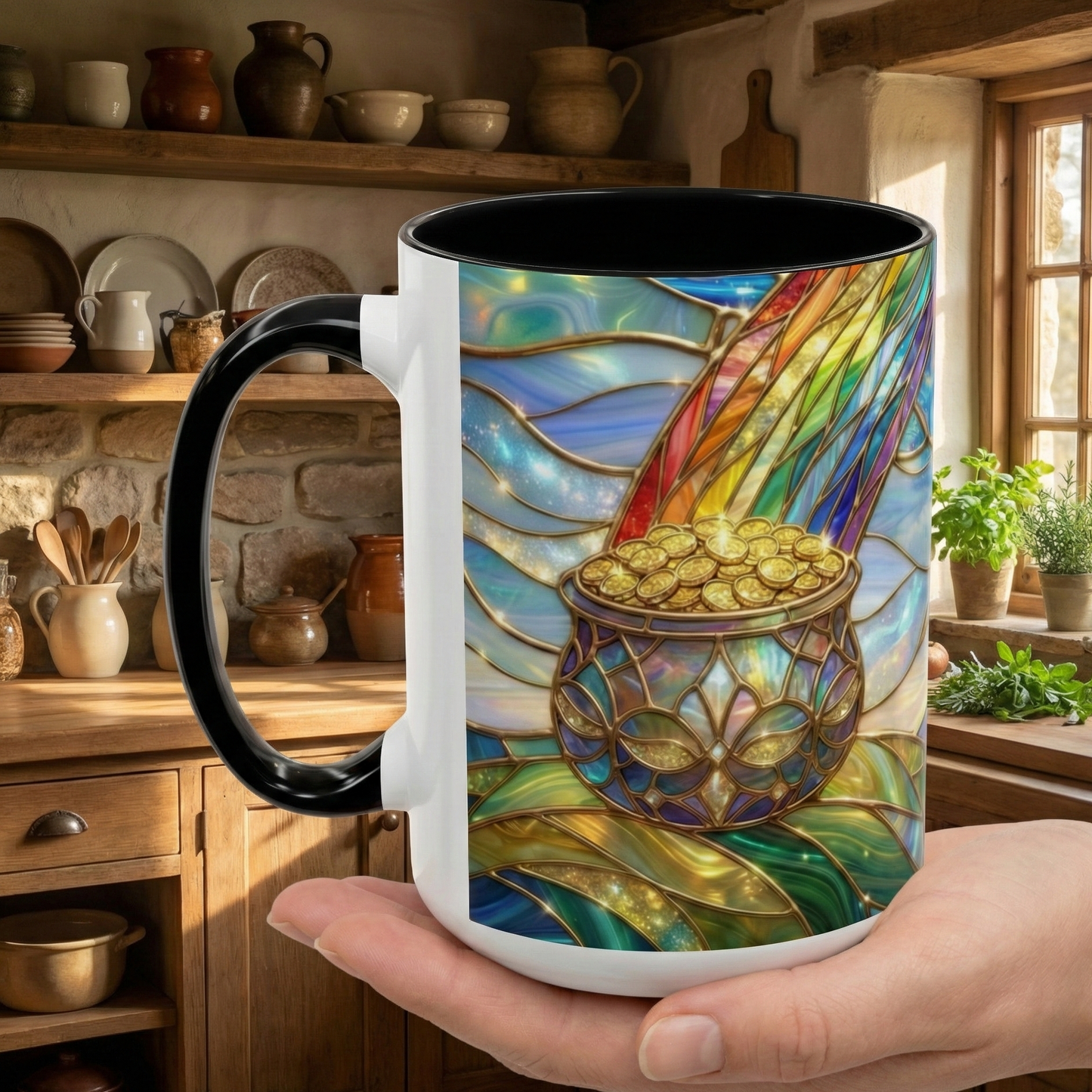 Stained Glass Rainbow Mug, Pot Of Gold Coffee Cup, St Patricks Day Gift, Magical Fantasy Tea Cup, Lucky Irish Leprechaun, Colorful Art