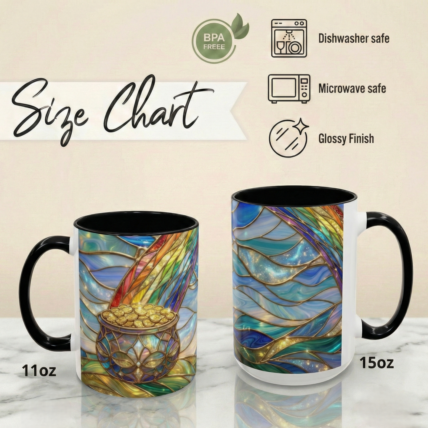 Stained Glass Rainbow Mug, Pot Of Gold Coffee Cup, St Patricks Day Gift, Magical Fantasy Tea Cup, Lucky Irish Leprechaun, Colorful Art