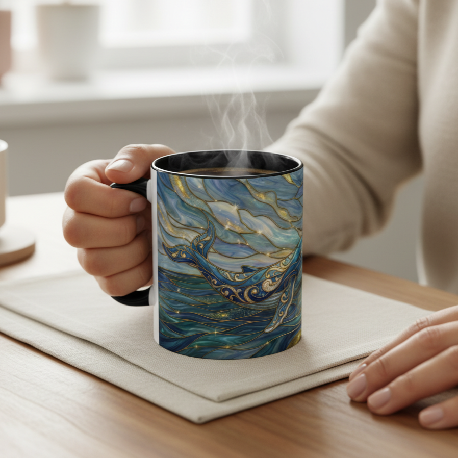 Whimsical Whale & Giraffe Accent Coffee Mug — Artistic Ocean-Sky Illustration (11/15oz)