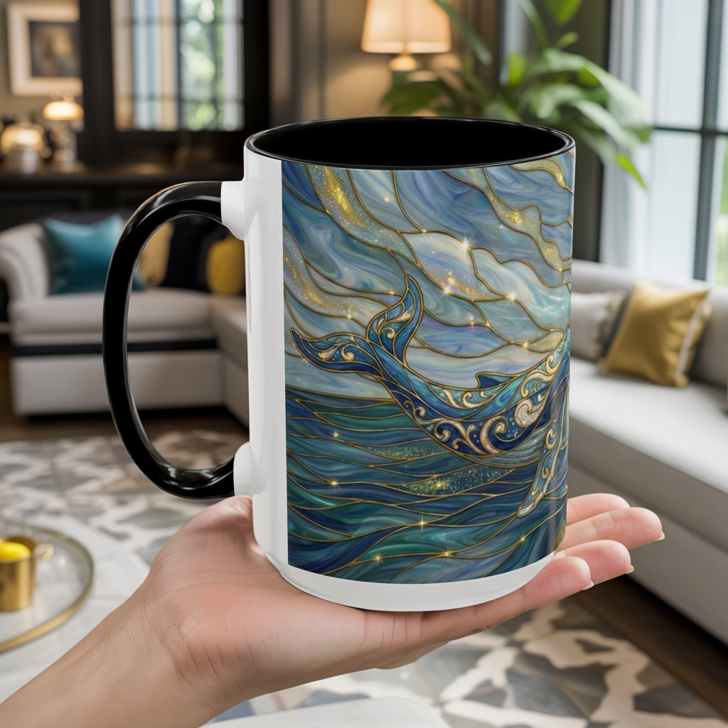 Whimsical Whale & Giraffe Accent Coffee Mug — Artistic Ocean-Sky Illustration (11/15oz)
