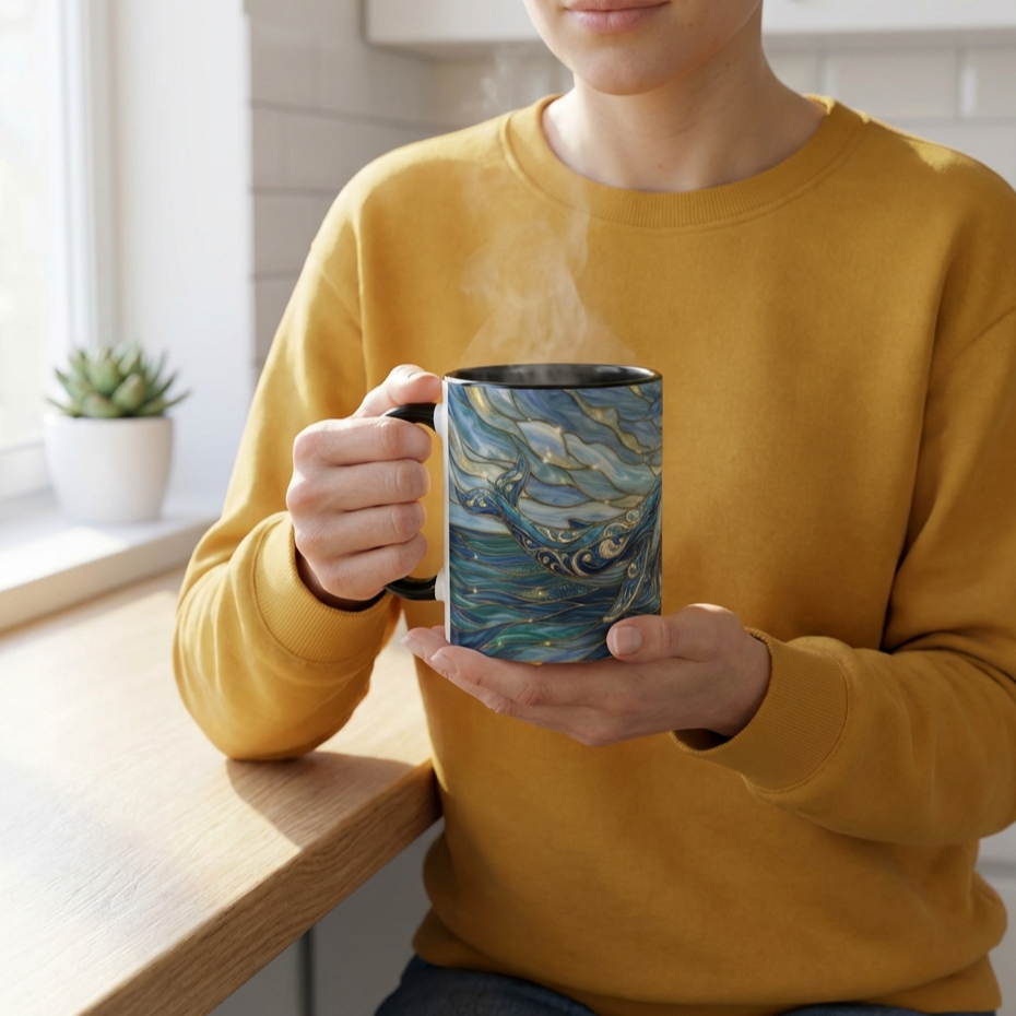 Whimsical Whale & Giraffe Accent Coffee Mug — Artistic Ocean-Sky Illustration (11/15oz)
