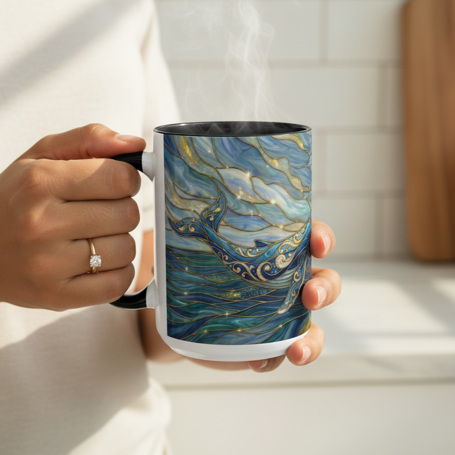 Whimsical Whale & Giraffe Accent Coffee Mug — Artistic Ocean-Sky Illustration (11/15oz)