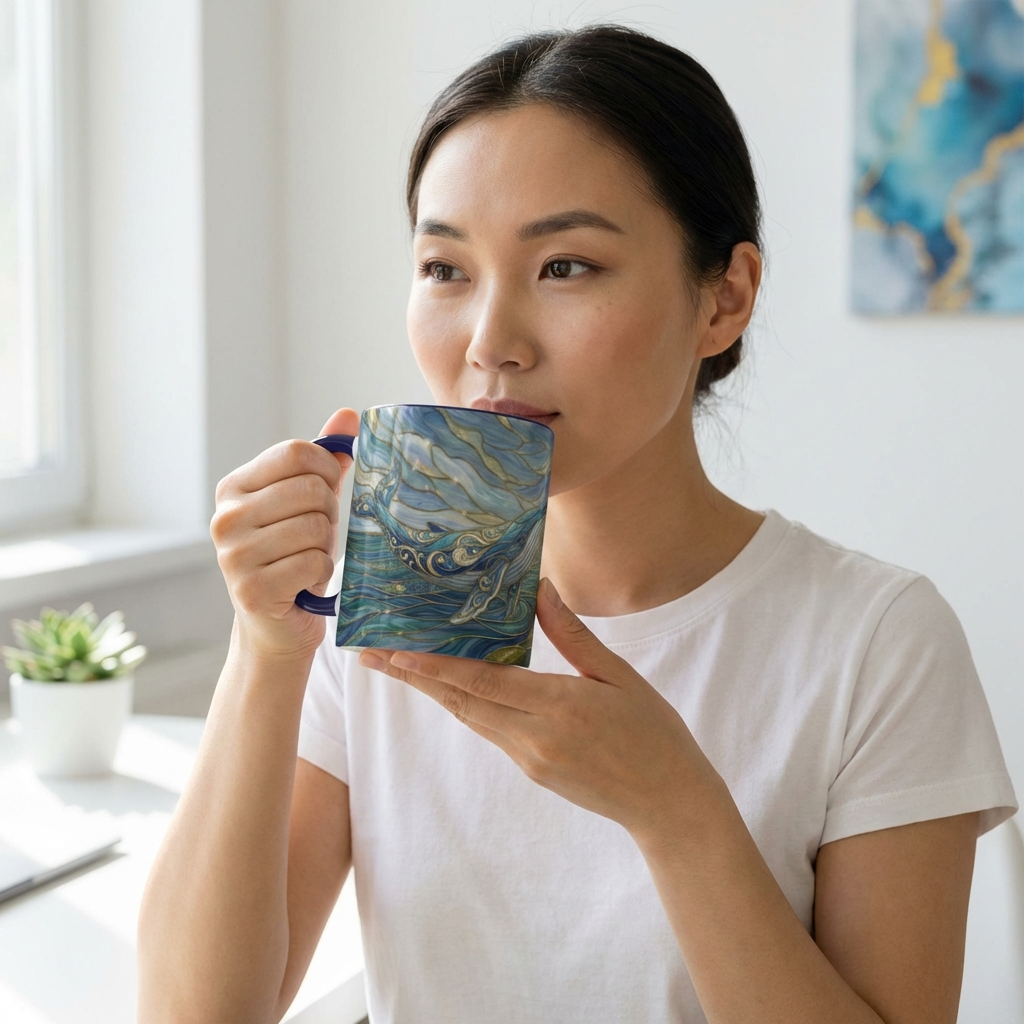 Whimsical Whale & Giraffe Accent Coffee Mug — Artistic Ocean-Sky Illustration (11/15oz)