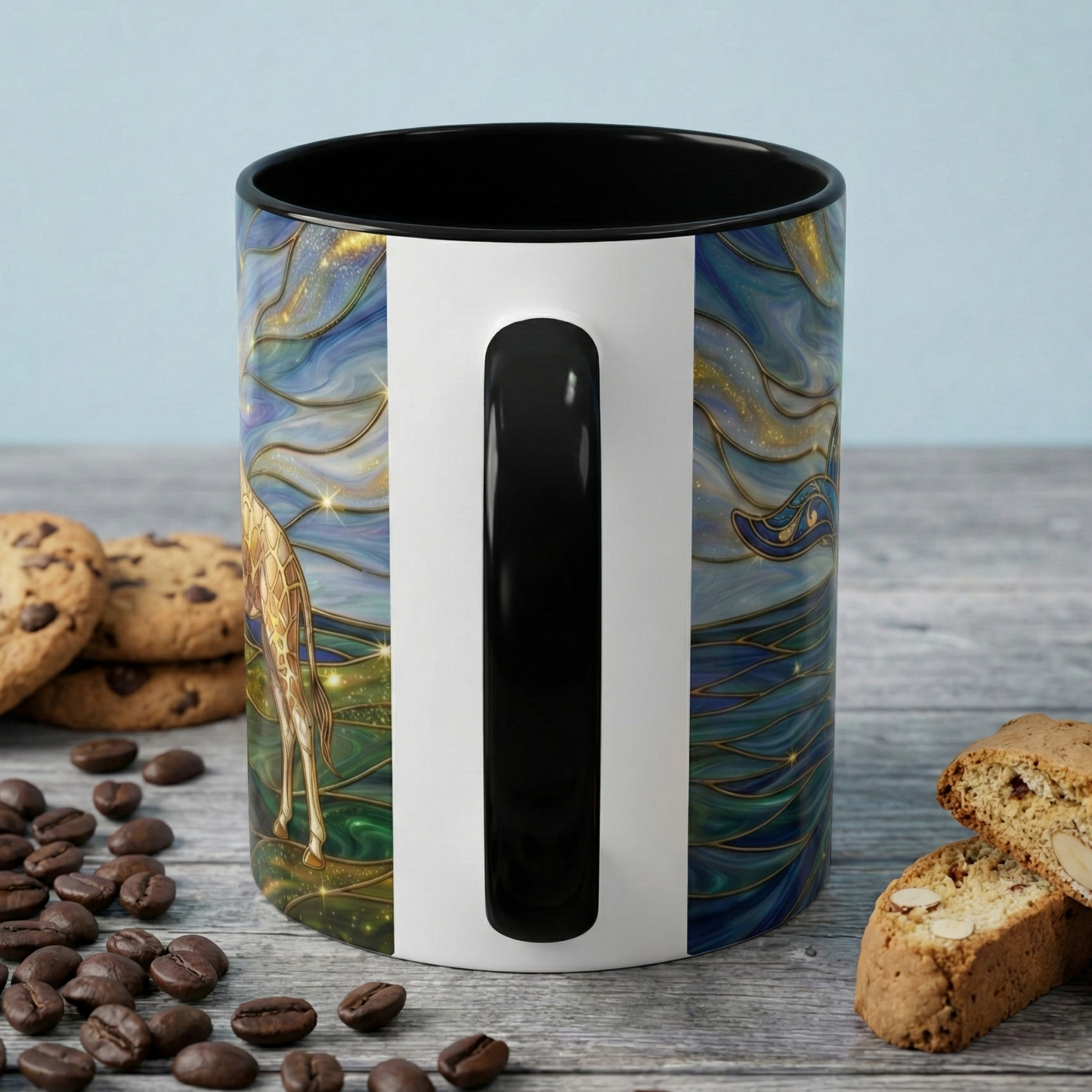 Whimsical Whale & Giraffe Accent Coffee Mug — Artistic Ocean-Sky Illustration (11/15oz)