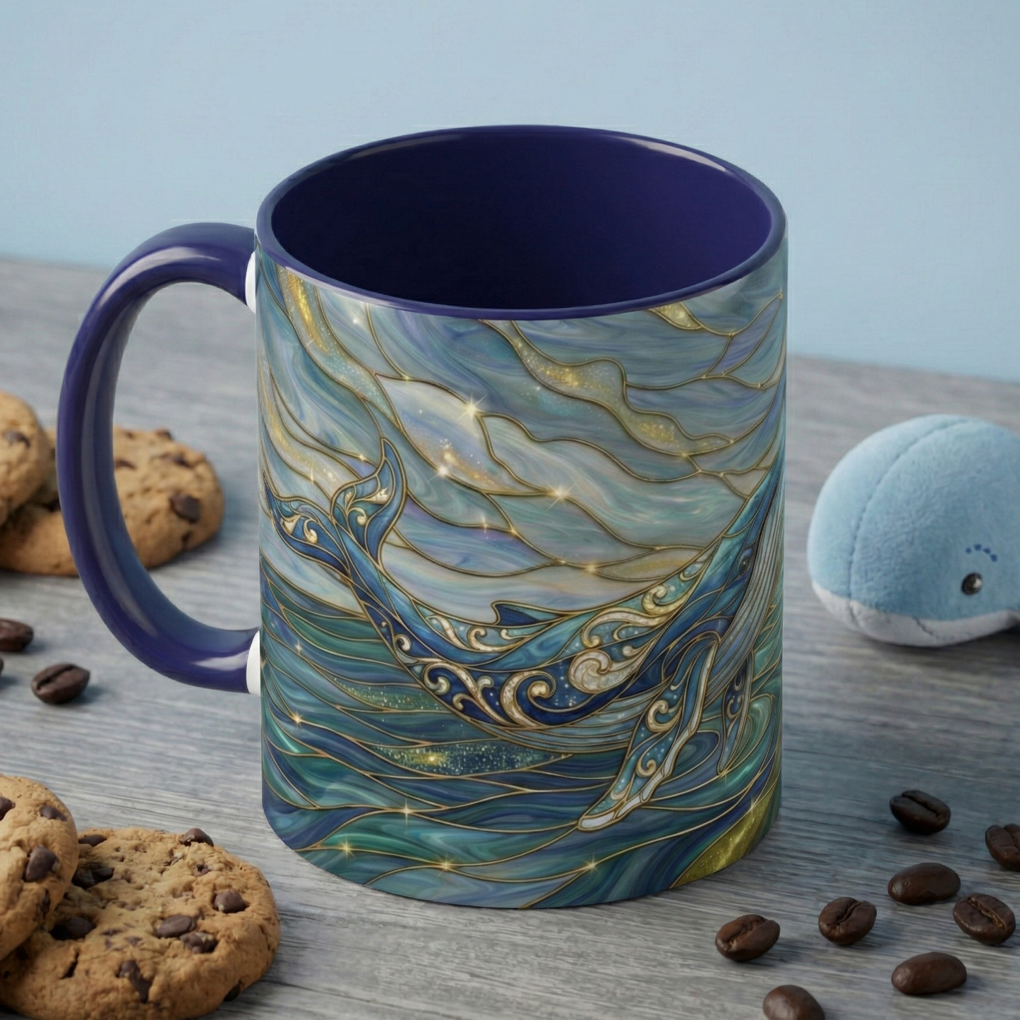 Whimsical Whale & Giraffe Accent Coffee Mug — Artistic Ocean-Sky Illustration (11/15oz)