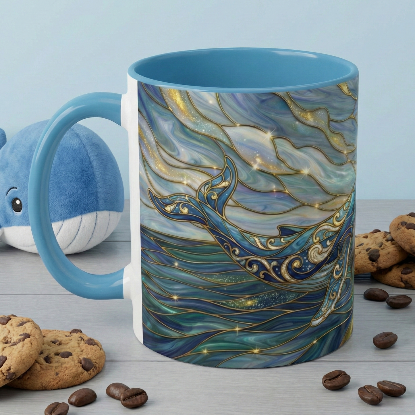 Whimsical Whale & Giraffe Accent Coffee Mug — Artistic Ocean-Sky Illustration (11/15oz)