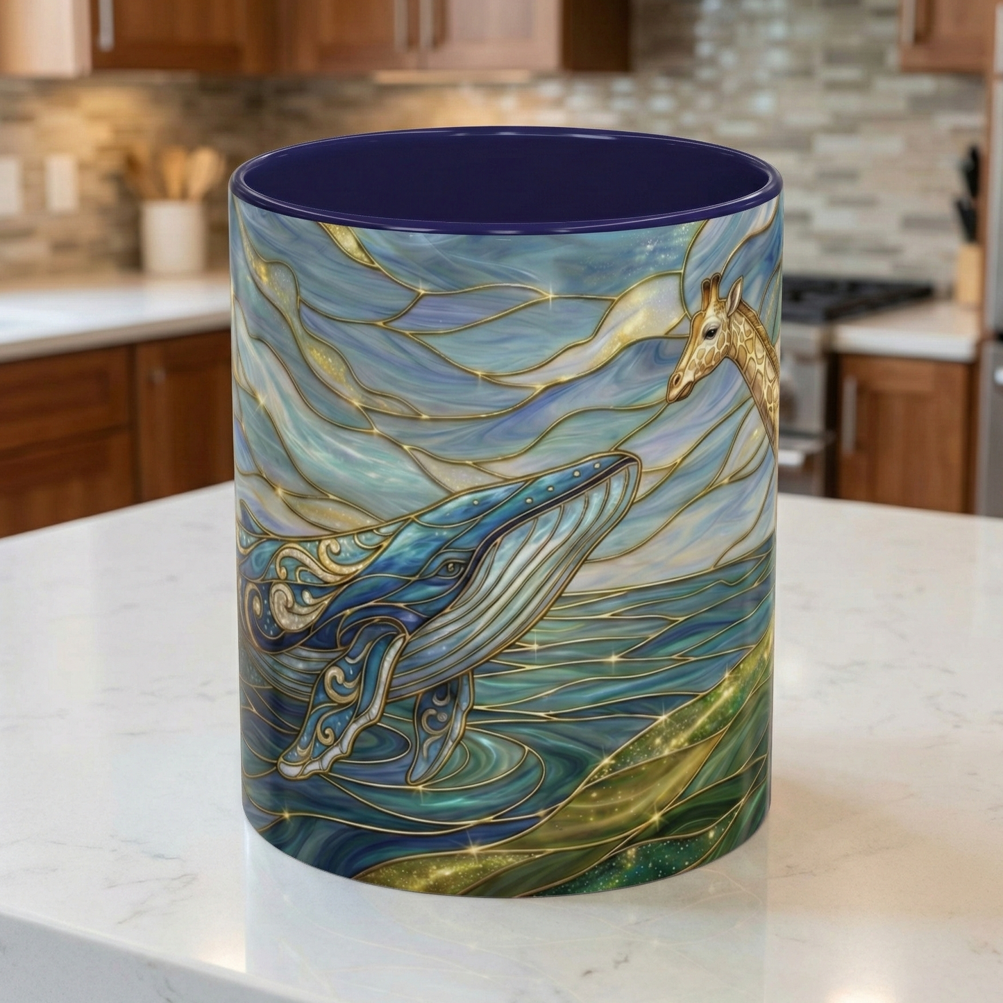 Whimsical Whale & Giraffe Accent Coffee Mug — Artistic Ocean-Sky Illustration (11/15oz)