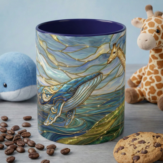 Whimsical Whale & Giraffe Accent Coffee Mug — Artistic Ocean-Sky Illustration (11/15oz)