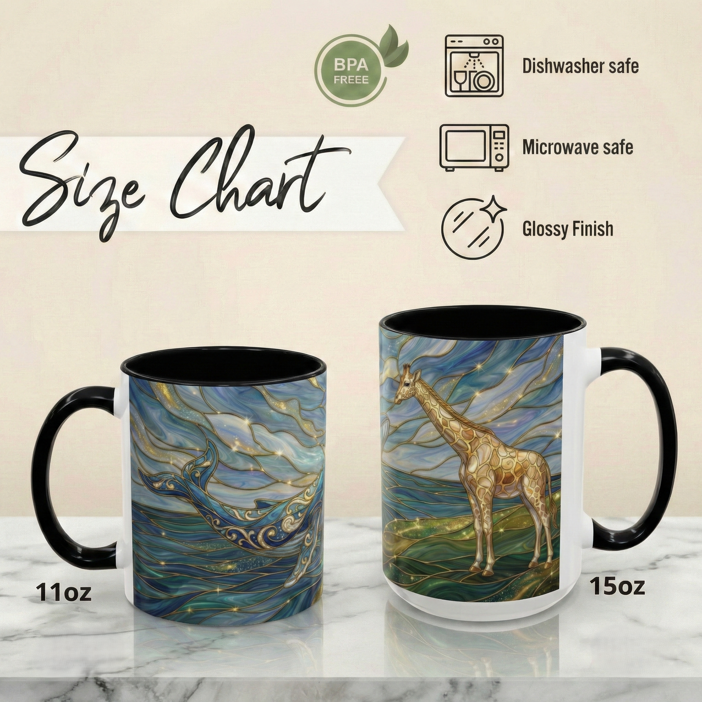 Whimsical Whale & Giraffe Accent Coffee Mug — Artistic Ocean-Sky Illustration (11/15oz)