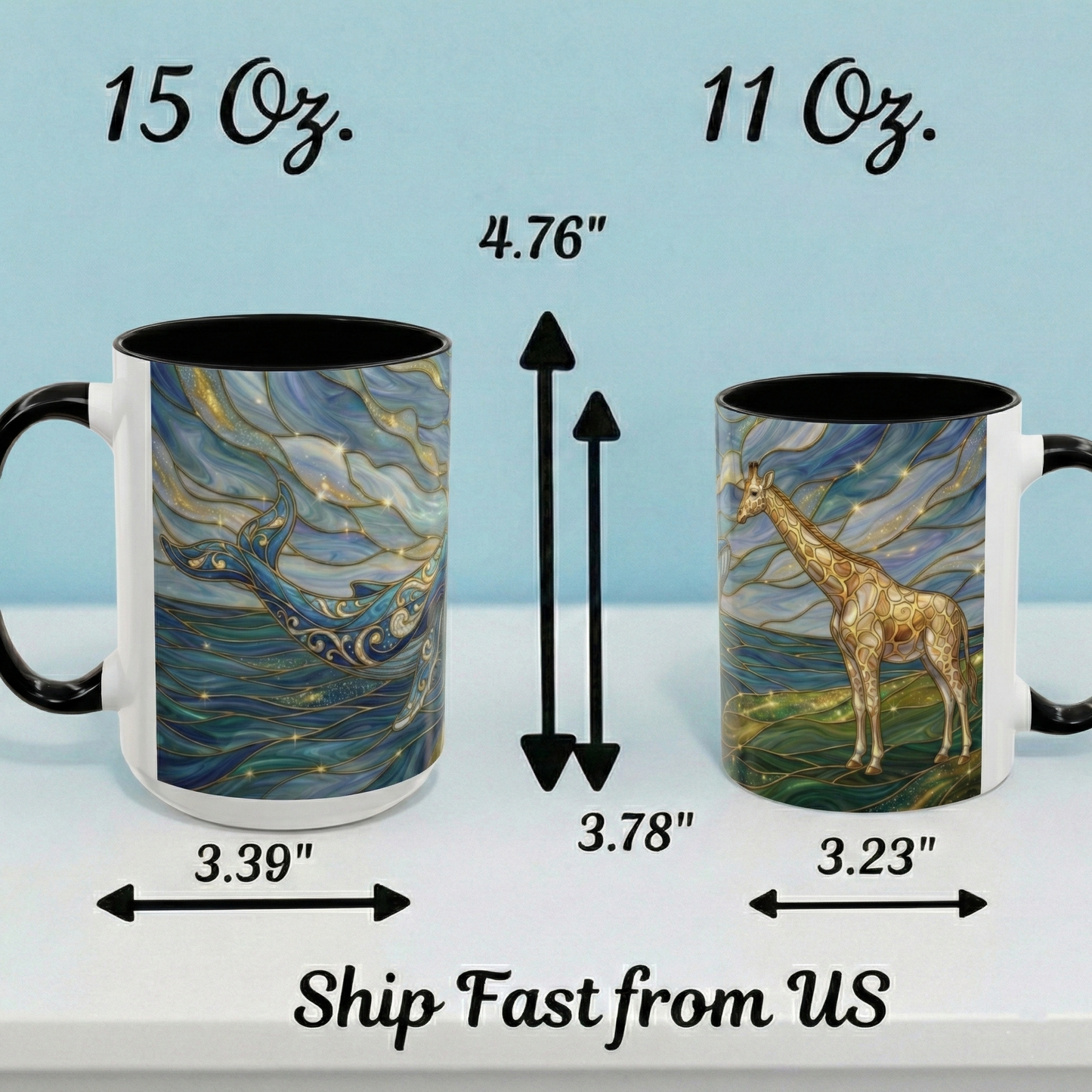Whimsical Whale & Giraffe Accent Coffee Mug — Artistic Ocean-Sky Illustration (11/15oz)