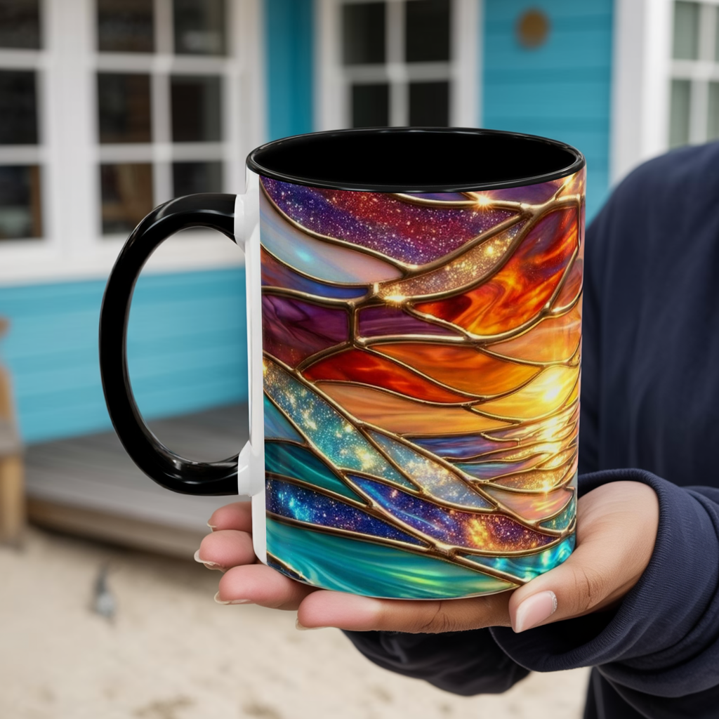 Stained Glass Wave Mug, Cosmic Ocean Coffee Cup, Celestial Sunrise Tea Mug, Surfer Beach Decor Gift, Starry Sea Art, Ocean Lover Cup