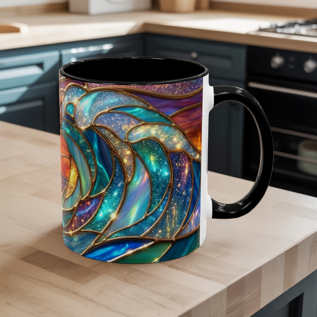 Stained Glass Wave Mug, Cosmic Ocean Coffee Cup, Celestial Sunrise Tea Mug, Surfer Beach Decor Gift, Starry Sea Art, Ocean Lover Cup