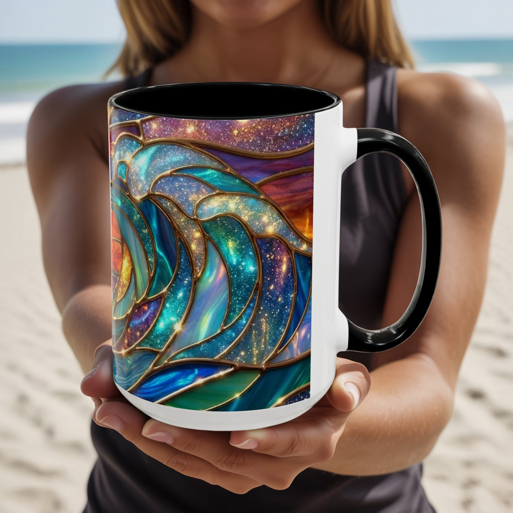 Stained Glass Wave Mug, Cosmic Ocean Coffee Cup, Celestial Sunrise Tea Mug, Surfer Beach Decor Gift, Starry Sea Art, Ocean Lover Cup