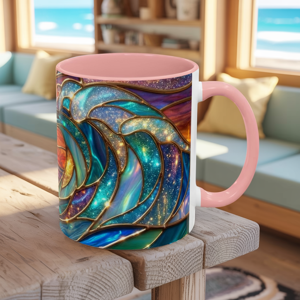 Stained Glass Wave Mug, Cosmic Ocean Coffee Cup, Celestial Sunrise Tea Mug, Surfer Beach Decor Gift, Starry Sea Art, Ocean Lover Cup