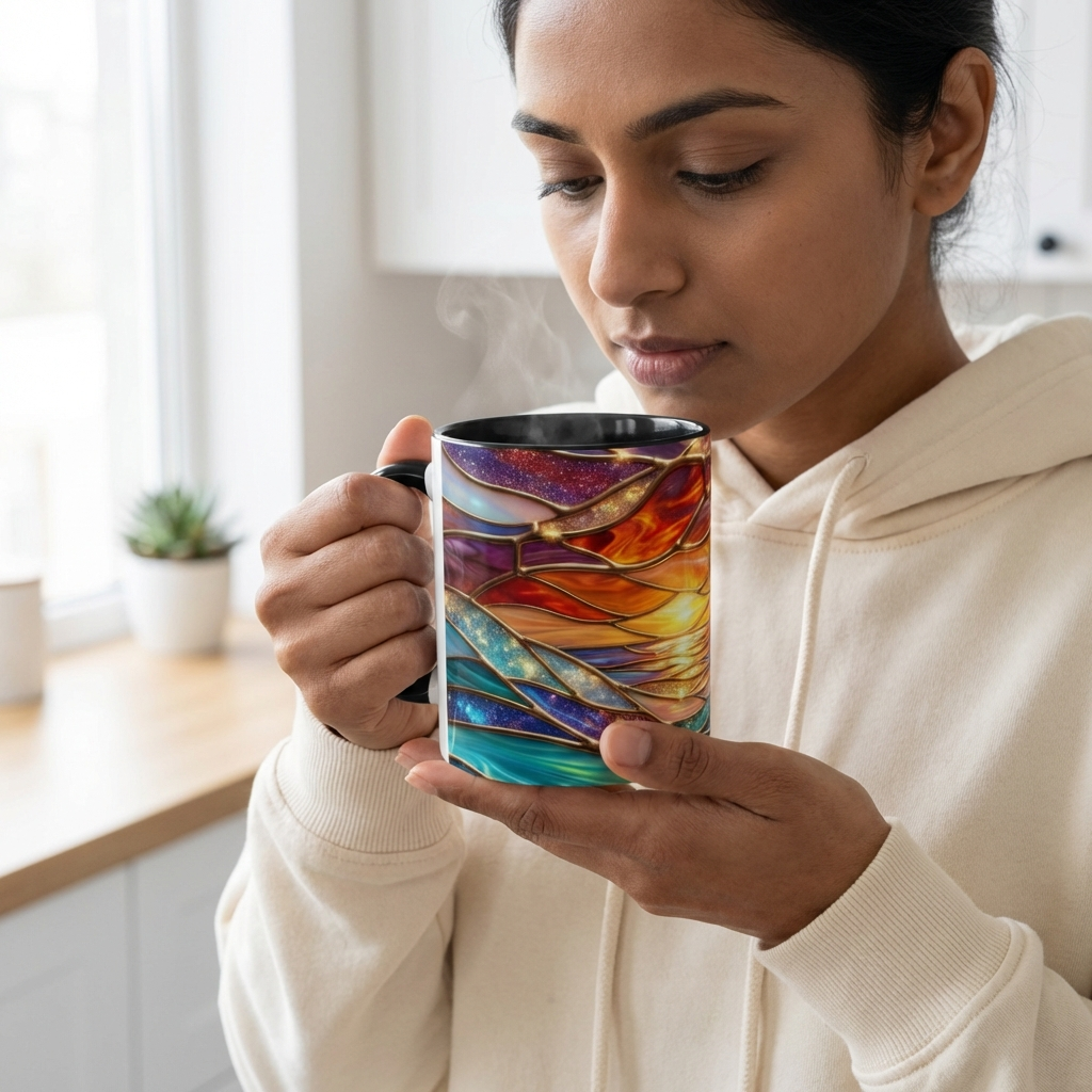 Stained Glass Wave Mug, Cosmic Ocean Coffee Cup, Celestial Sunrise Tea Mug, Surfer Beach Decor Gift, Starry Sea Art, Ocean Lover Cup