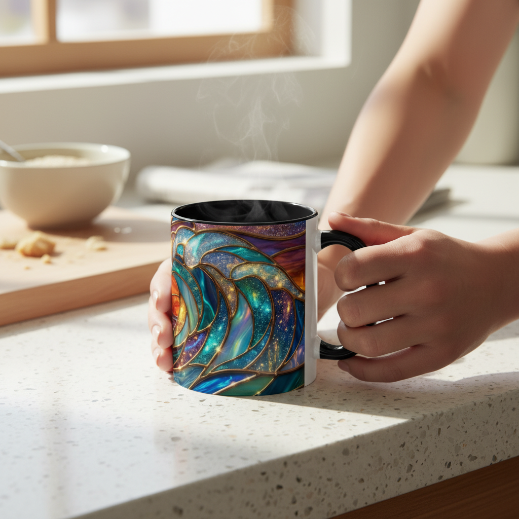 Stained Glass Wave Mug, Cosmic Ocean Coffee Cup, Celestial Sunrise Tea Mug, Surfer Beach Decor Gift, Starry Sea Art, Ocean Lover Cup