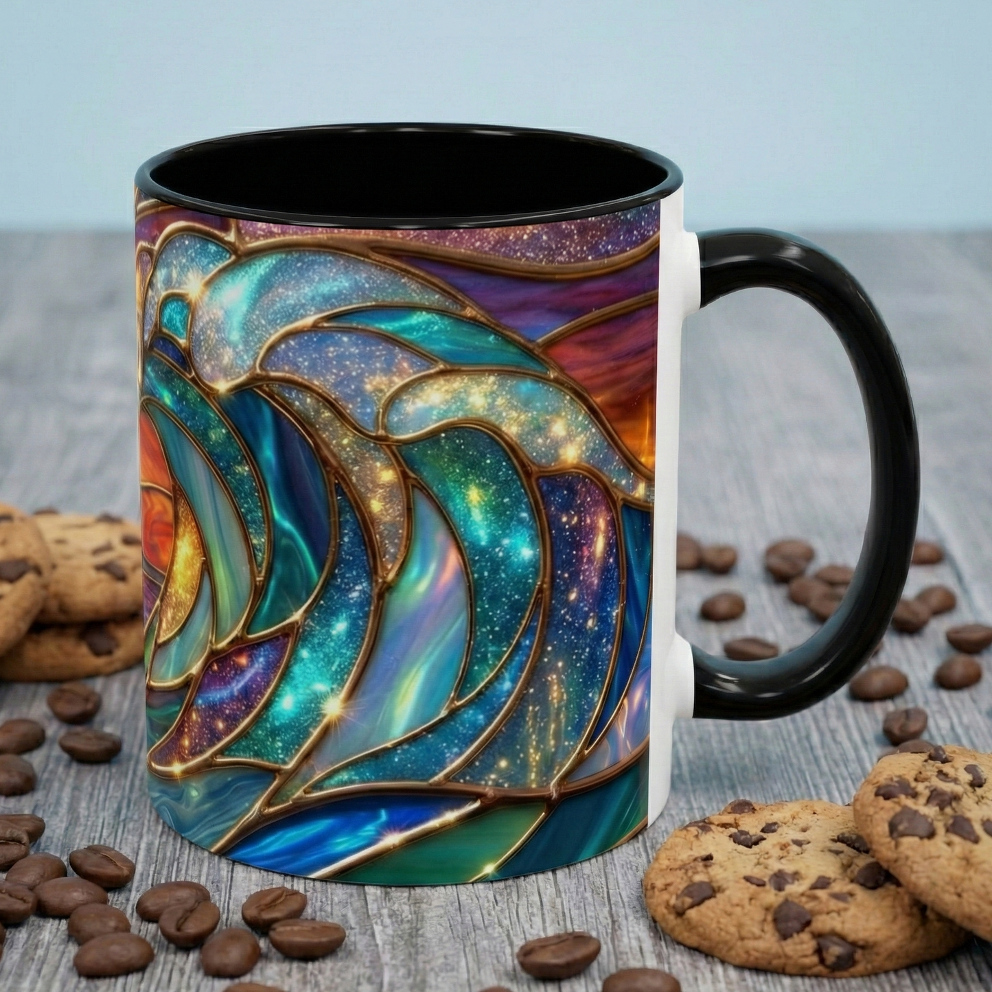 Stained Glass Wave Mug, Cosmic Ocean Coffee Cup, Celestial Sunrise Tea Mug, Surfer Beach Decor Gift, Starry Sea Art, Ocean Lover Cup