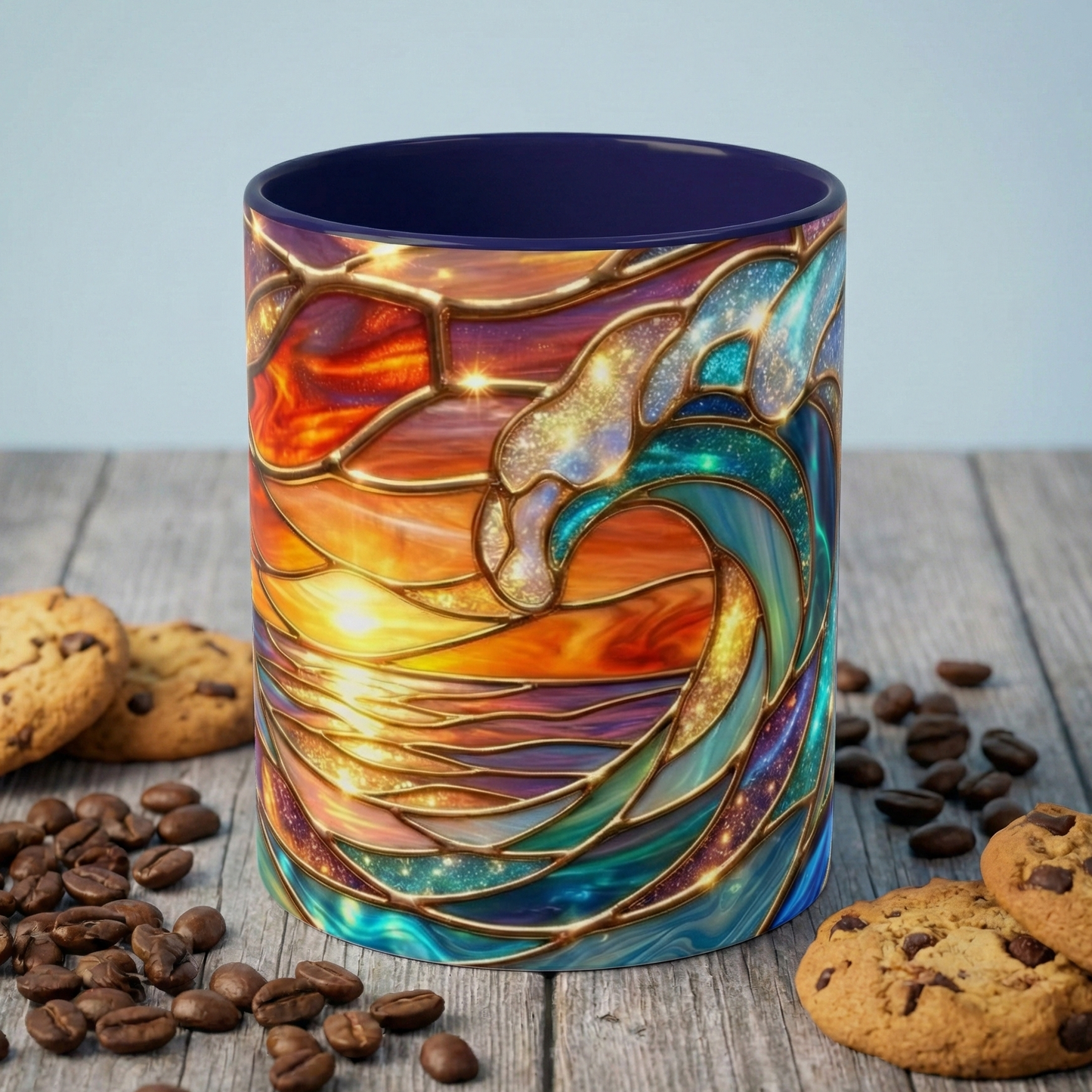 Stained Glass Wave Mug, Cosmic Ocean Coffee Cup, Celestial Sunrise Tea Mug, Surfer Beach Decor Gift, Starry Sea Art, Ocean Lover Cup
