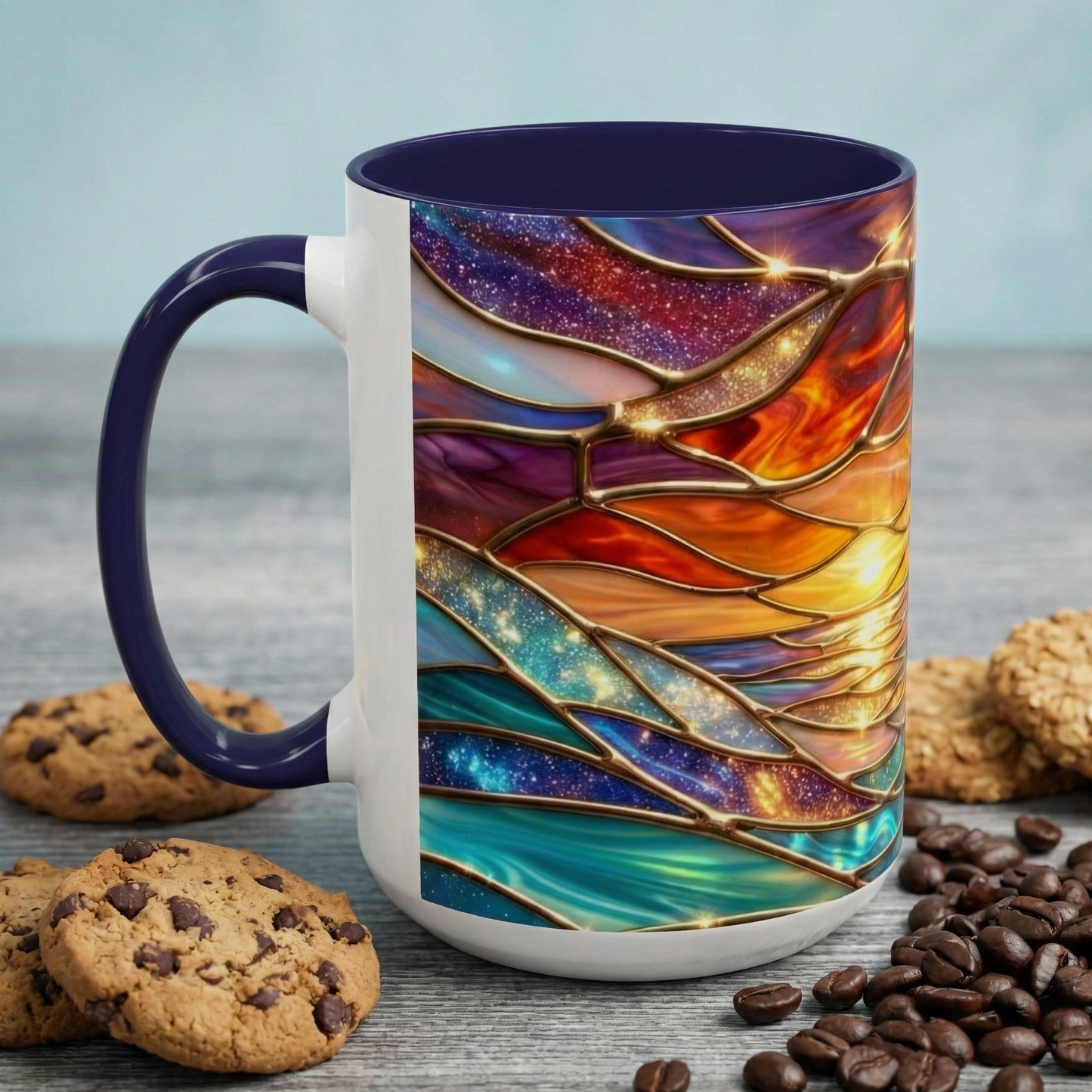Stained Glass Wave Mug, Cosmic Ocean Coffee Cup, Celestial Sunrise Tea Mug, Surfer Beach Decor Gift, Starry Sea Art, Ocean Lover Cup